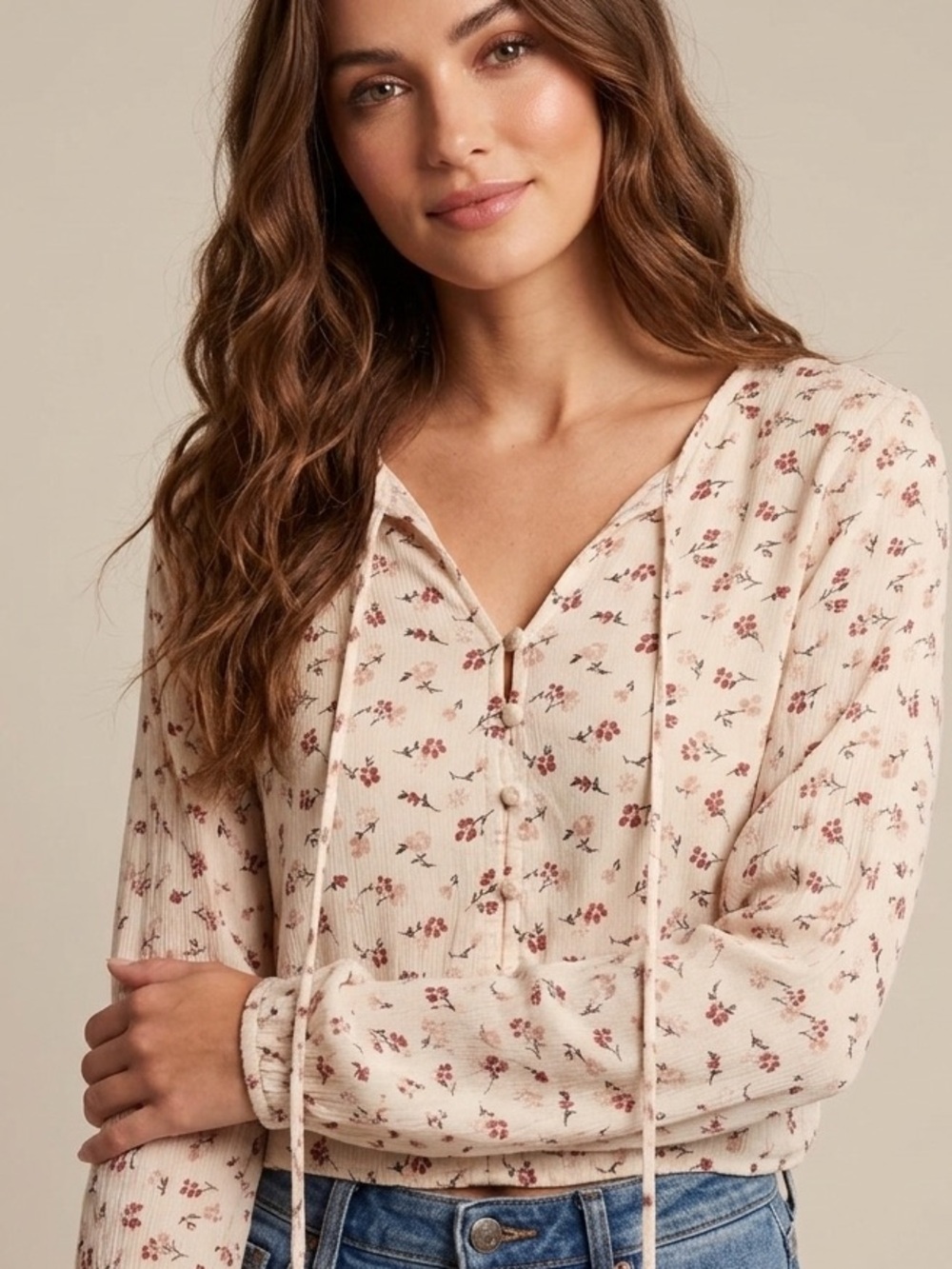 Abercrombie & Fitch XS Top Boho Peasant Romantic Ivory Floral 90s Y2K Shirt